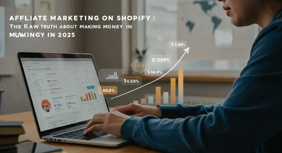 Affiliate marketing on Shopify concept. Person working on laptop with rising sales graph.